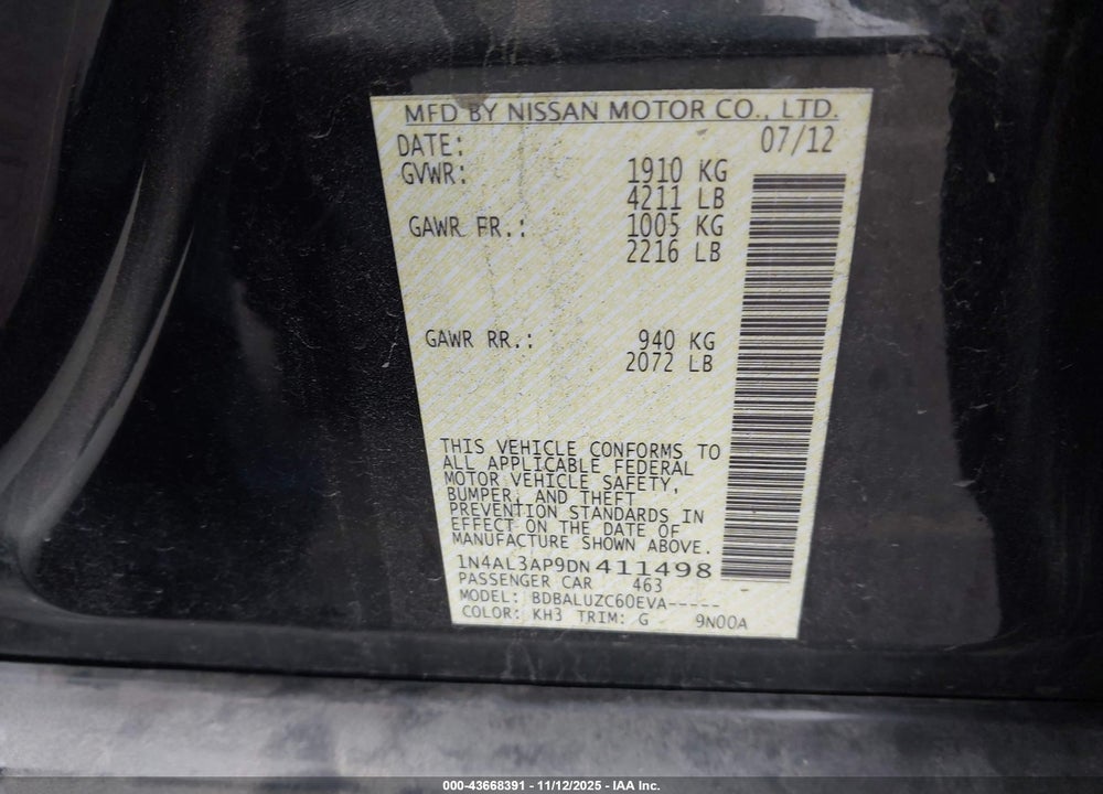 2013 NISSAN ALTIMA 2.5 SV VIN: 1N4AL3AP9DN411498