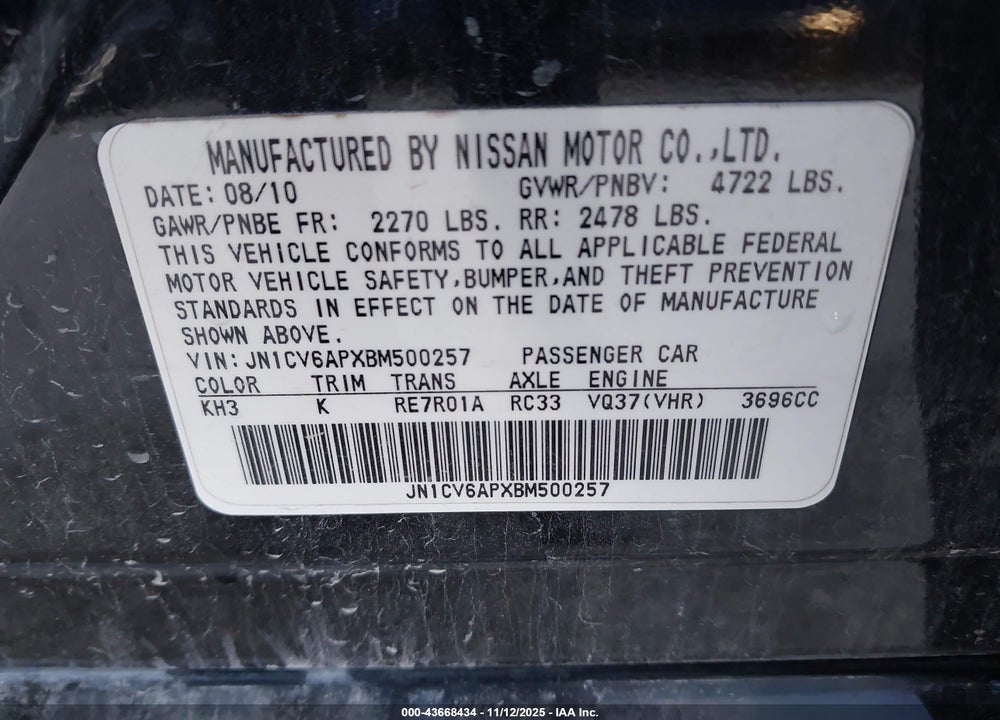2011 INFINITI G37 JOURNEY VIN: JN1CV6APXBM500257