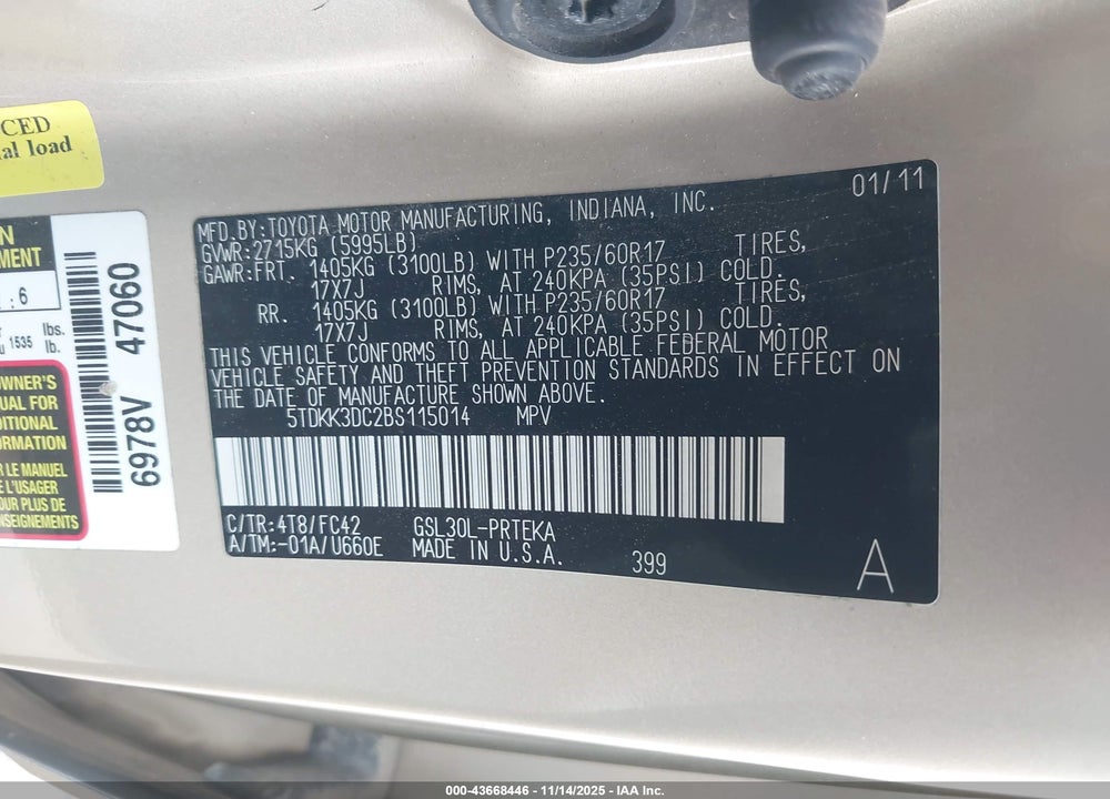 2011 TOYOTA SIENNA LE V6 VIN: 5TDKK3DC2BS115014
