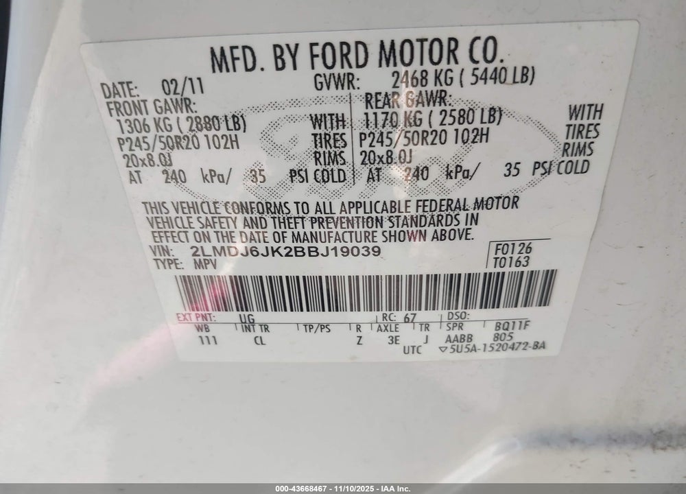 2011 LINCOLN MKX VIN: 2LMDJ6JK2BBJ19039
