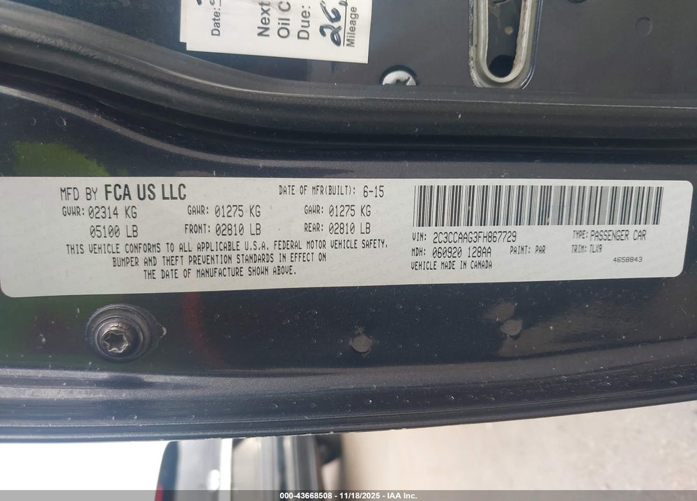 2015 CHRYSLER 300 LIMITED VIN: 2C3CCAAG3FH867729