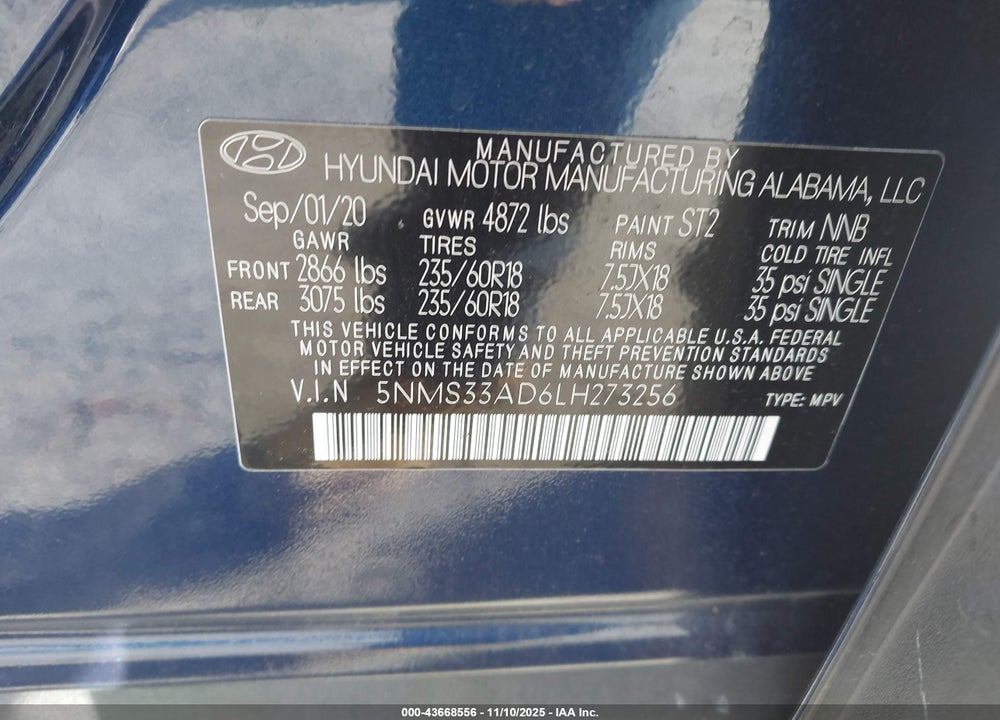 2020 HYUNDAI SANTA FE SEL VIN: 5NMS33AD6LH273256