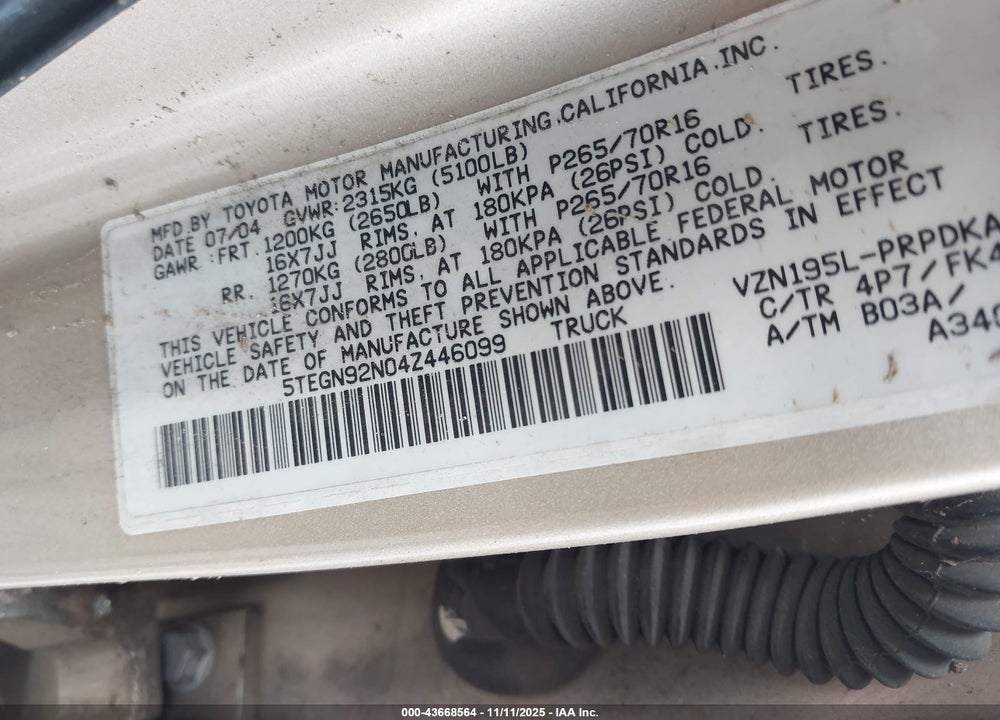 2004 TOYOTA TACOMA PRERUNNER V6 VIN: 5TEGN92N04Z446099