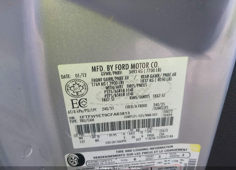 2012 FORD F-150 XLT VIN: 1FTFW1ET9CFA63813