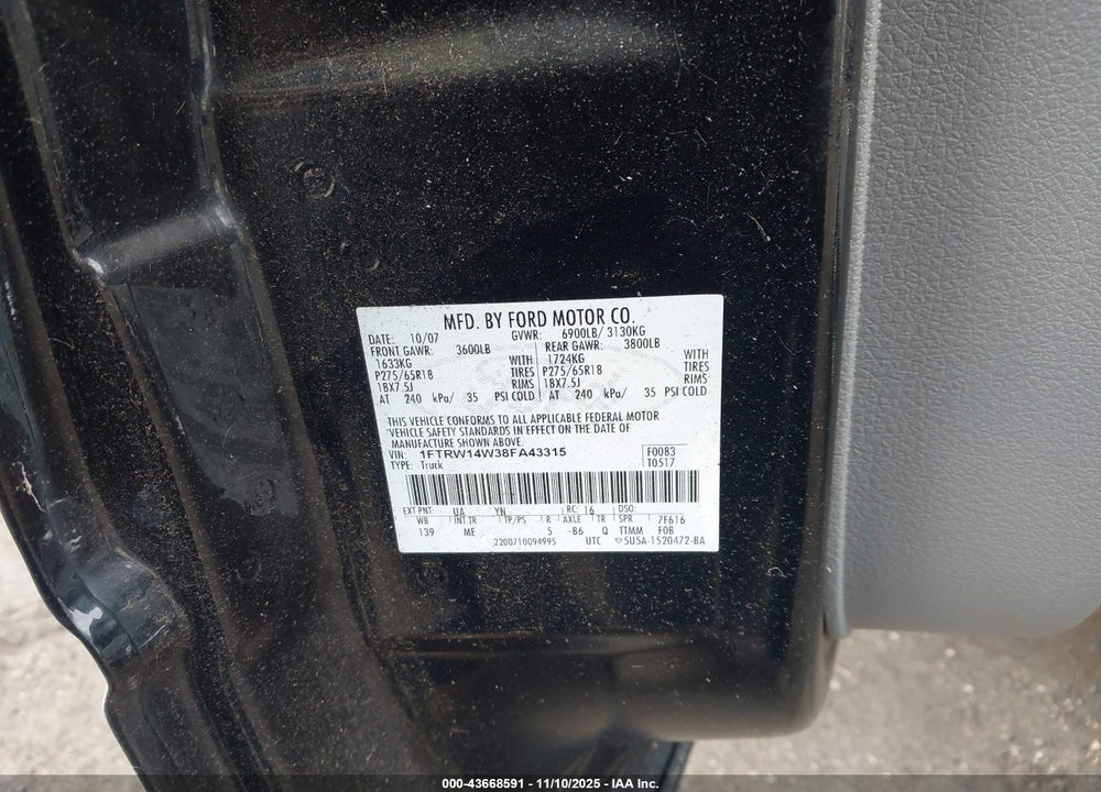 2008 FORD F-150 60TH ANNIVERSARY/XL/XLT VIN: 1FTRW14W38FA43315