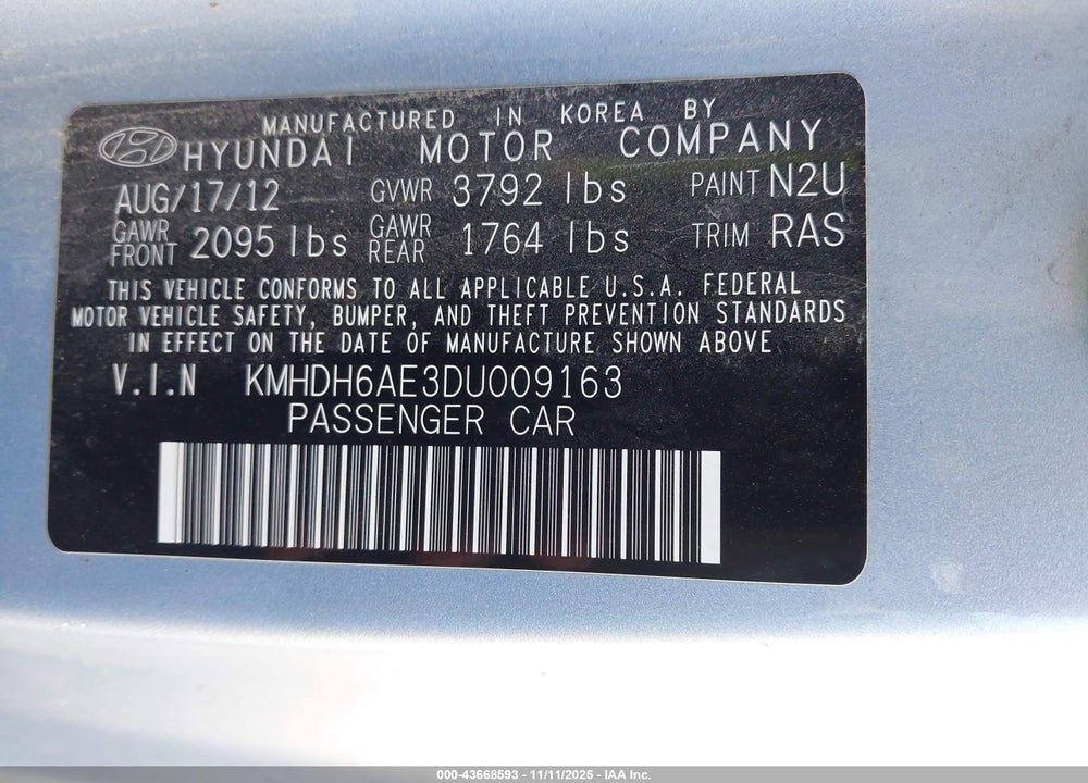 2013 HYUNDAI ELANTRA SE VIN: KMHDH6AE3DU009163