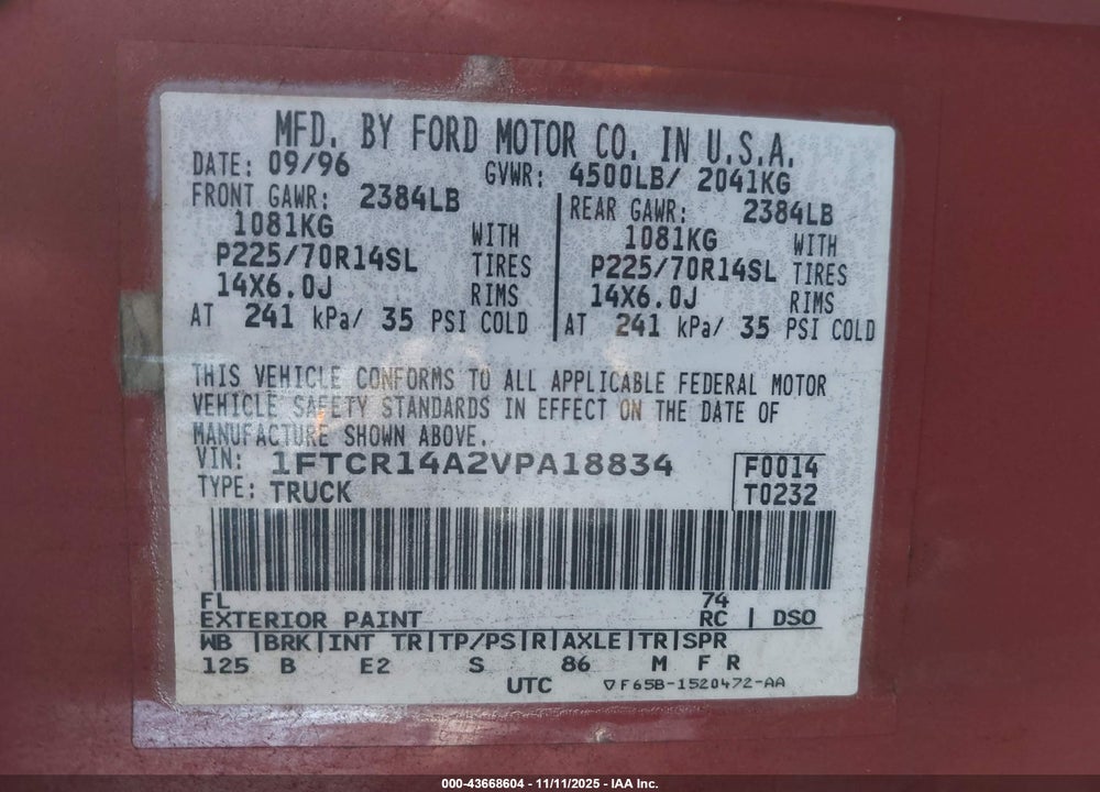 1997 FORD RANGER XL/XLT VIN: 1FTCR14A2VPA18834