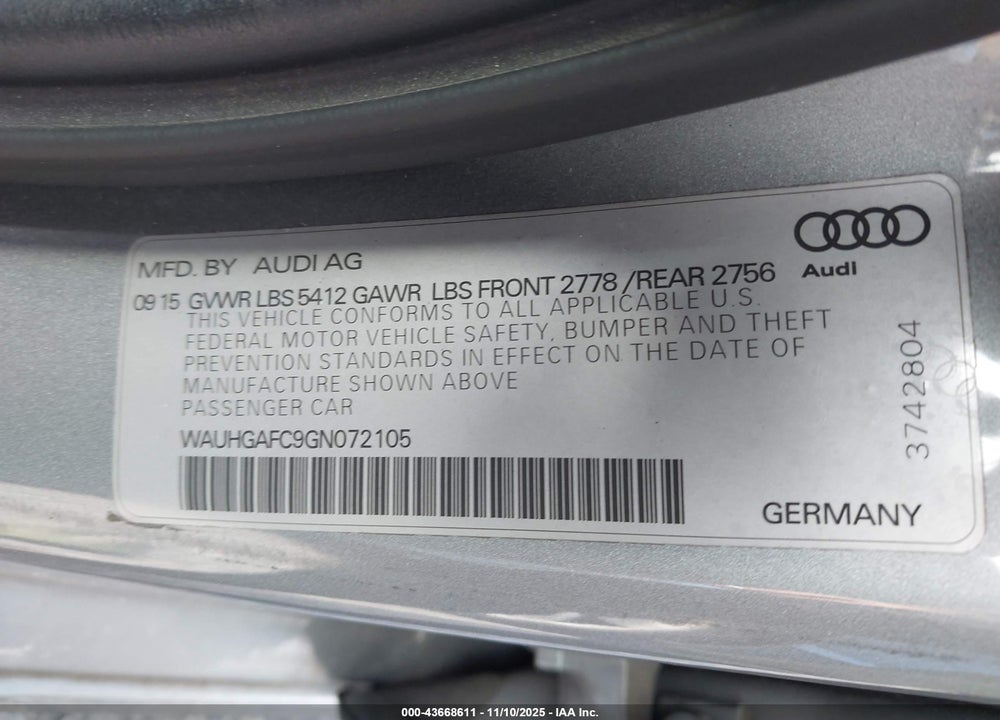 2016 AUDI A6 VIN: WAUHGAFC9GN072105