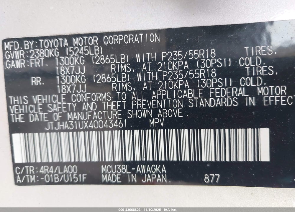 2004 LEXUS RX 330 VIN: JTJHA31UX40043461