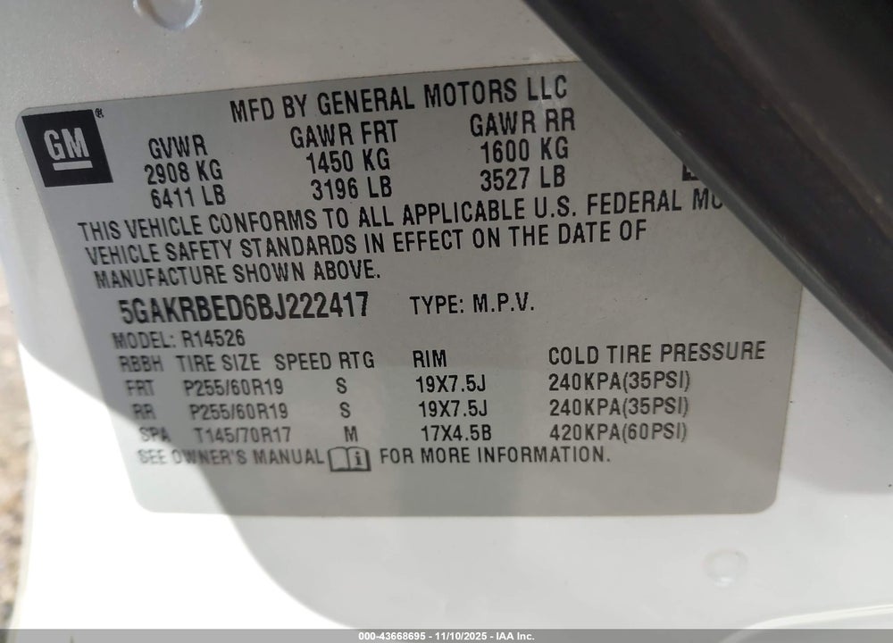 2011 BUICK ENCLAVE 1XL VIN: 5GAKRBED6BJ222417