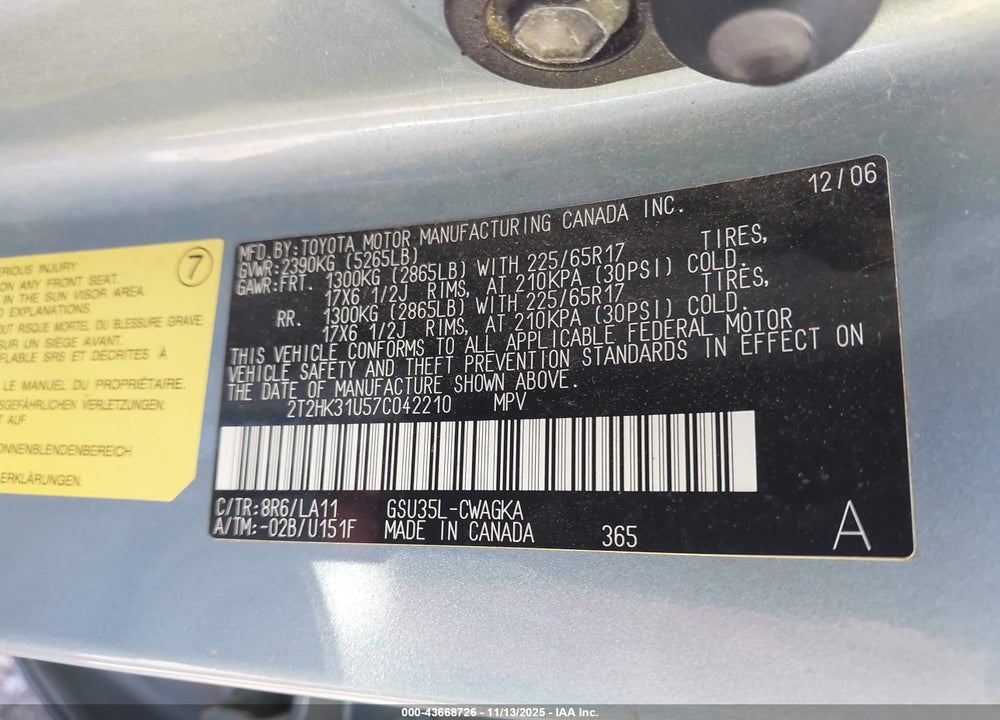 2007 LEXUS RX 350 VIN: 2T2HK31U57C042210