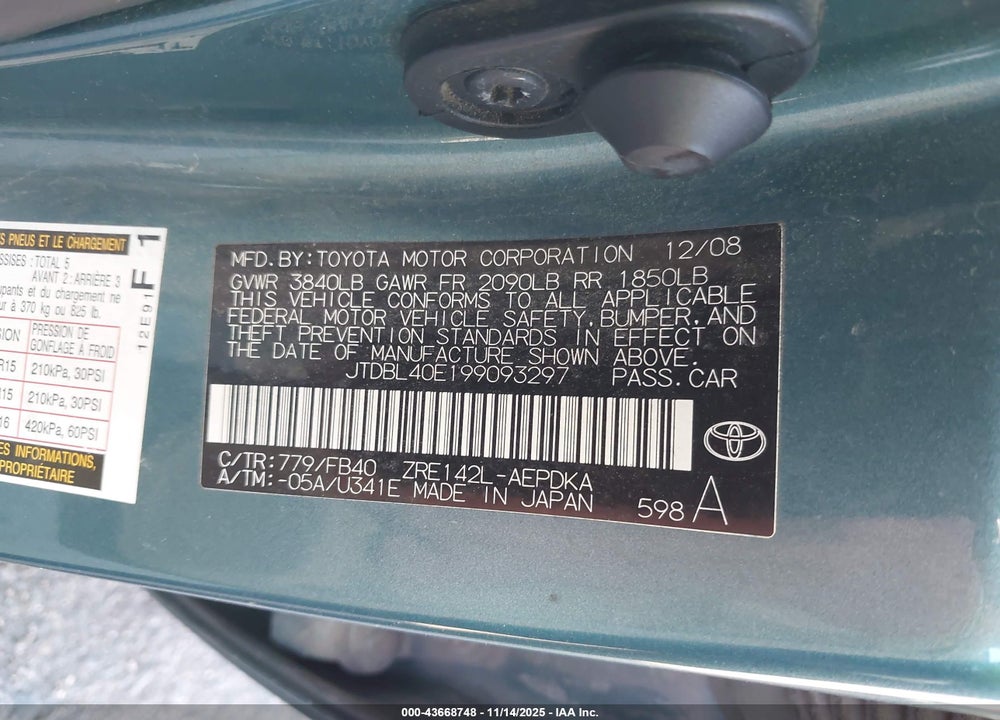 2009 TOYOTA COROLLA LE VIN: JTDBL40E199093297
