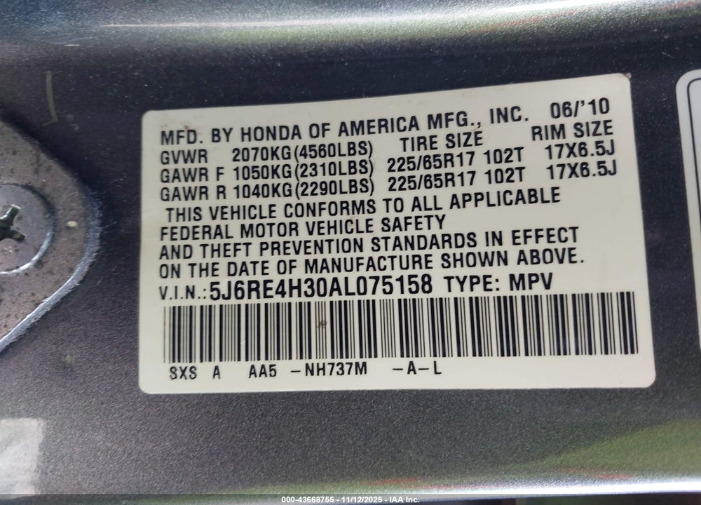2010 HONDA CR-V VIN: 5J6RE4H30AL075158