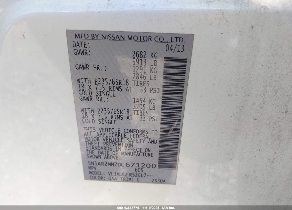 2013 NISSAN PATHFINDER SV VIN: 5N1AR2MN2DC671200