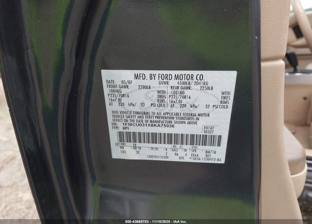 2008 FORD ESCAPE XLT VIN: 1FMCU031X8KA75936