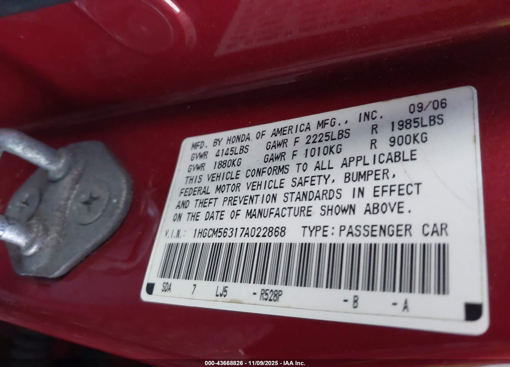 2007 HONDA ACCORD VIN: 1HGCM56317A022868