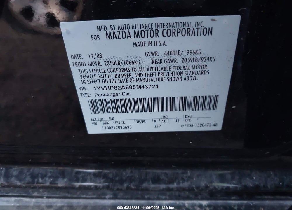2009 MAZDA 6 VIN: 1YVHP82A695M43721