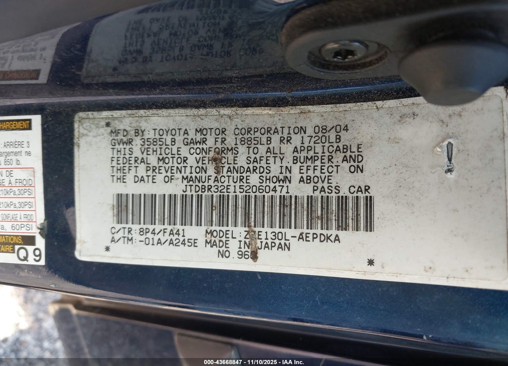 2005 TOYOTA COROLLA CE VIN: JTDBR32E152060471