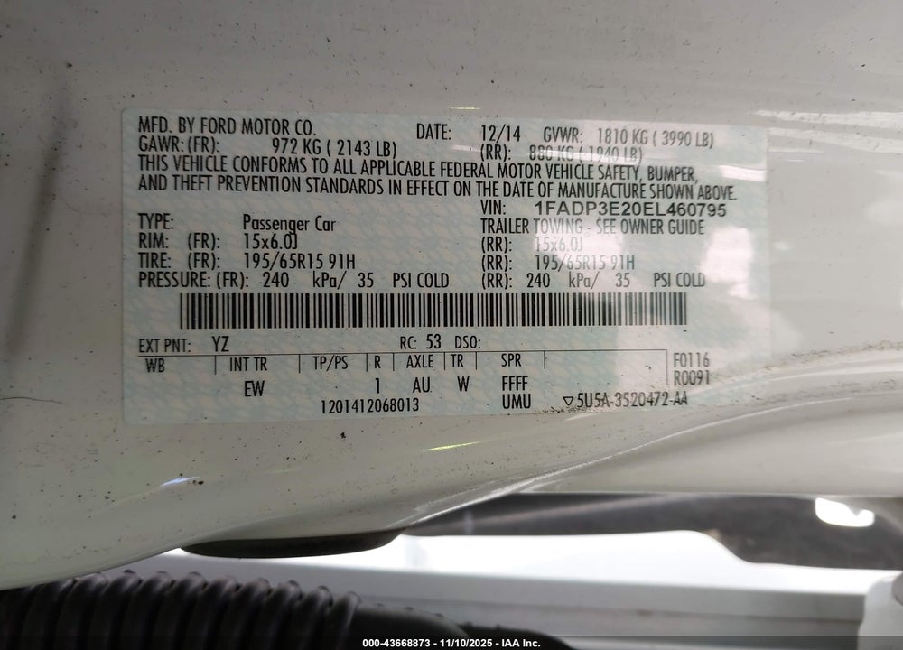 2014 FORD FOCUS S VIN: 1FADP3E20EL460795