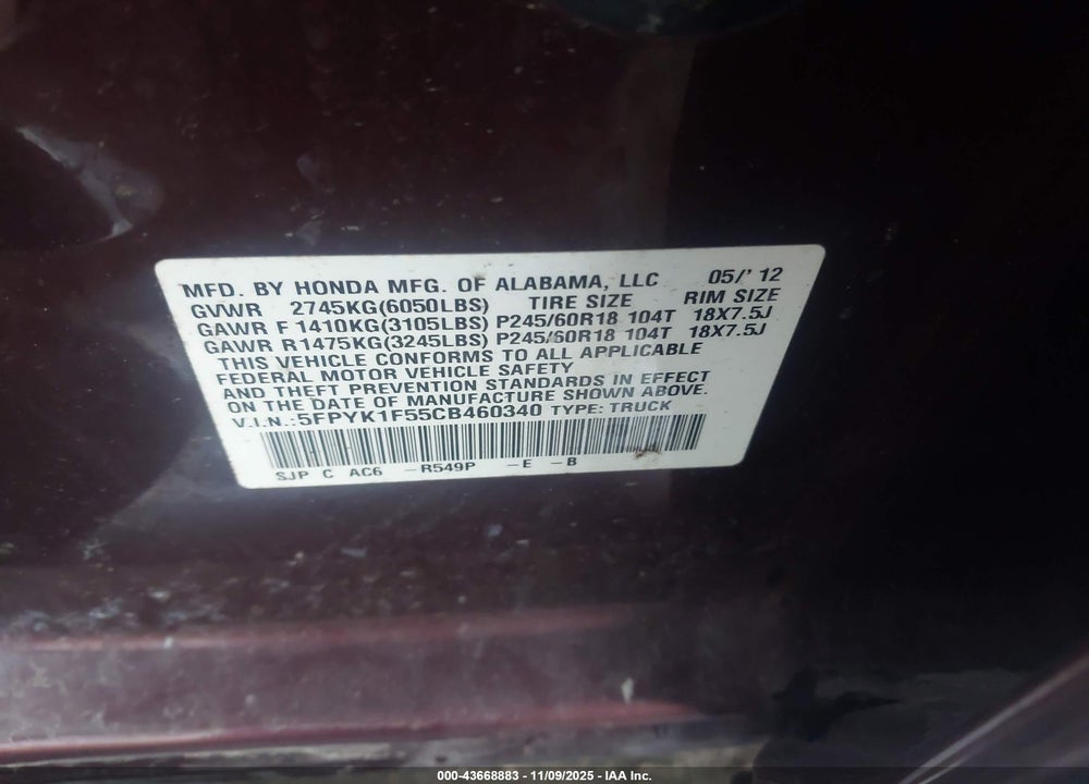 2012 HONDA RIDGELINE VIN: 5FPYK1F55CB460340