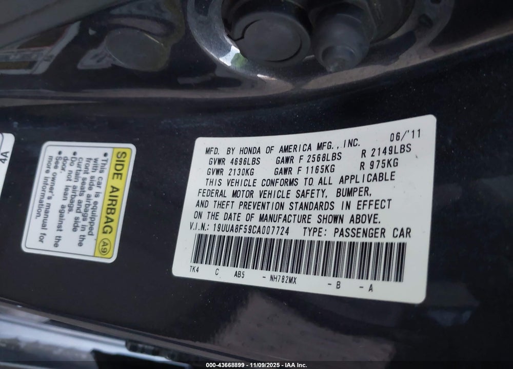 2012 ACURA TL VIN: 19UUA8F59CA007724
