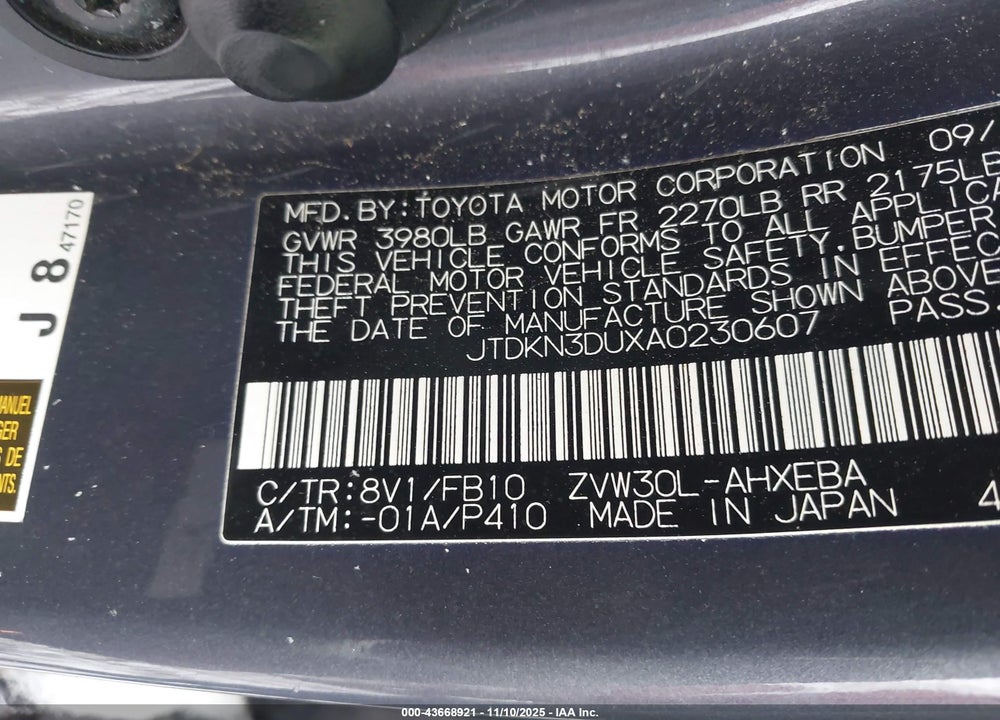 2010 TOYOTA PRIUS II VIN: JTDKN3DUXA0230607