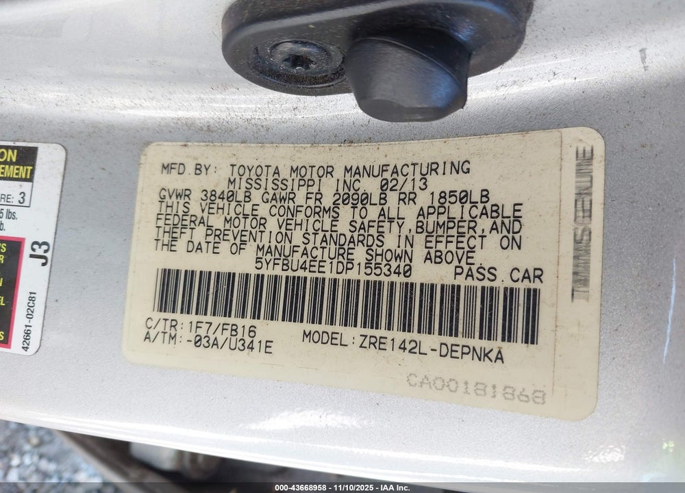 2013 TOYOTA COROLLA VIN: 5YFBU4EE1DP155340