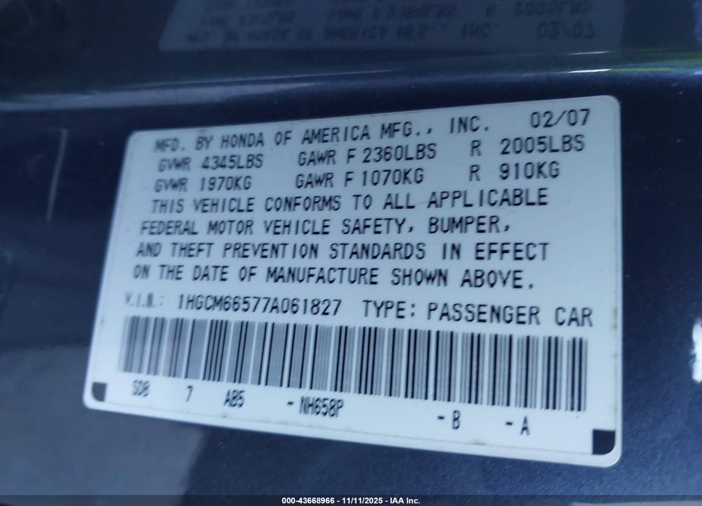 2007 HONDA ACCORD 3.0 EX VIN: 1HGCM66577A061827