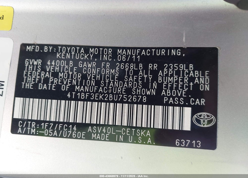 2011 TOYOTA CAMRY VIN: 4T1BF3EK2BU752678