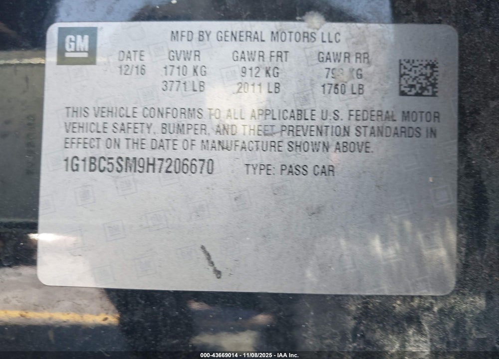 2017 CHEVROLET CRUZE LS AUTO VIN: 1G1BC5SM9H7206670