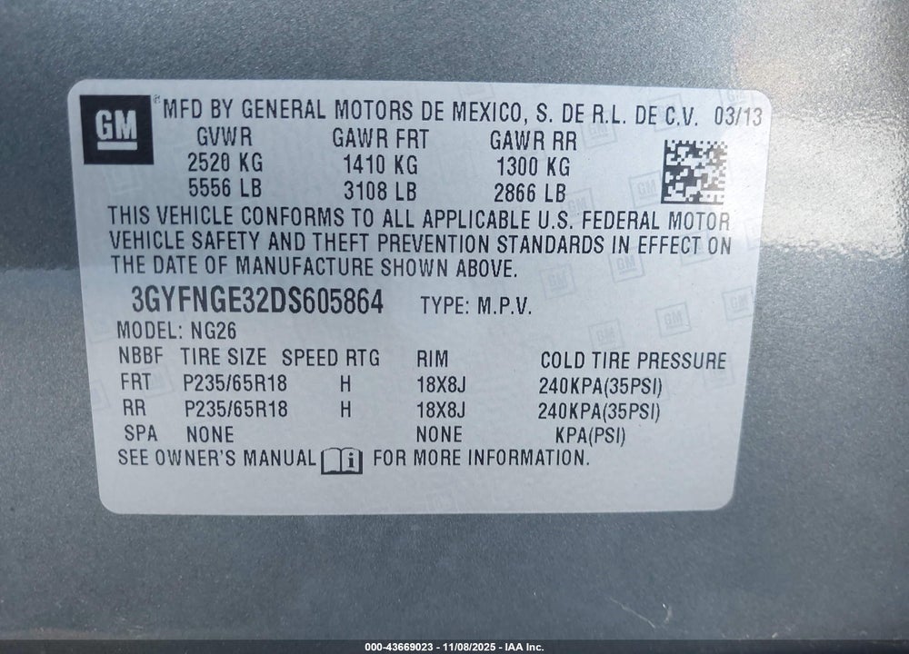 2013 CADILLAC SRX LUXURY COLLECTION VIN: 3GYFNGE32DS605864