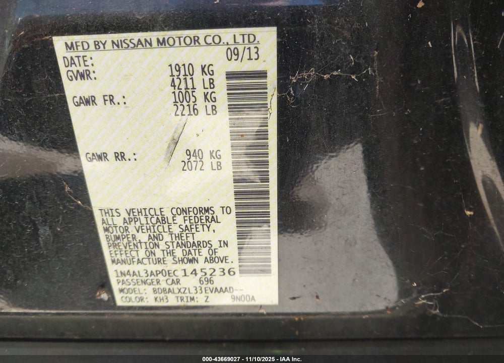 2014 NISSAN ALTIMA VIN: 1N4AL3AP0EC145236
