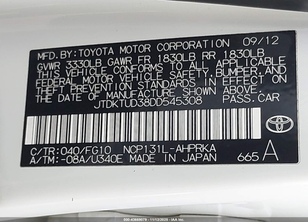 2013 TOYOTA YARIS VIN: JTDKTUD38DD545308