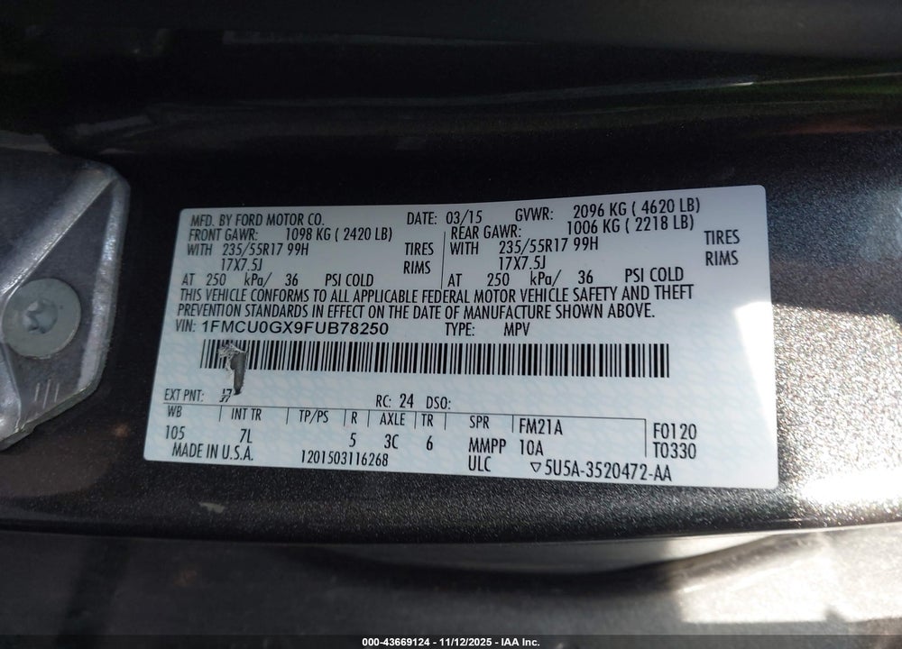 2015 FORD ESCAPE SE VIN: 1FMCU0GX9FUB78250