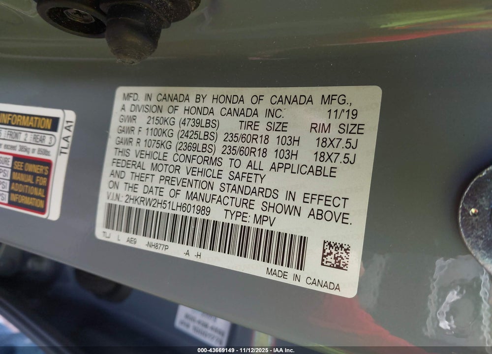 2020 HONDA CR-V AWD EX VIN: 2HKRW2H51LH601989