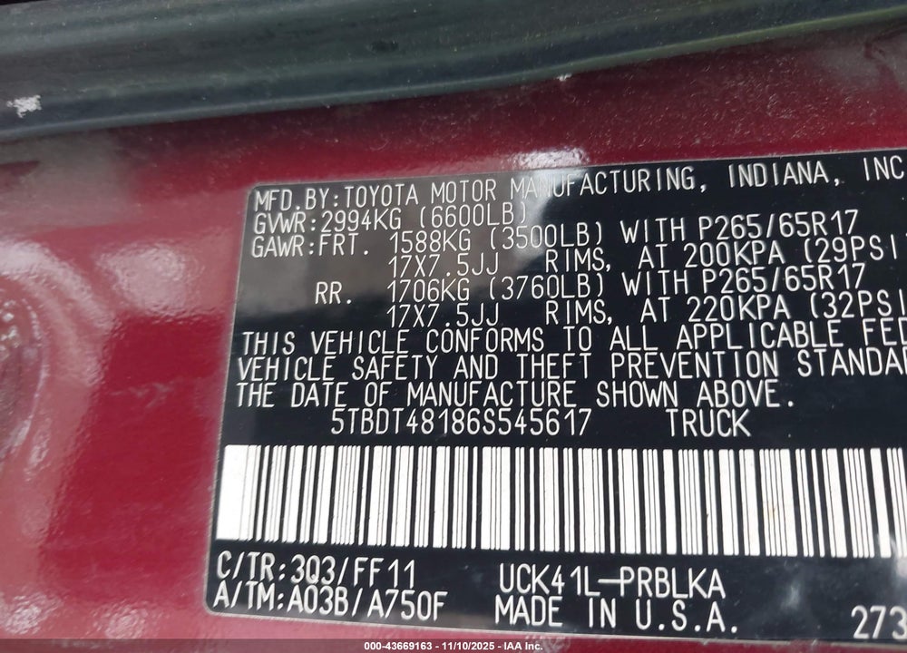 2006 TOYOTA TUNDRA VIN: 5TBDT48186S545617