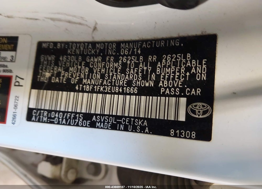 2014 TOYOTA CAMRY VIN: 4T1BF1FK3EU841666
