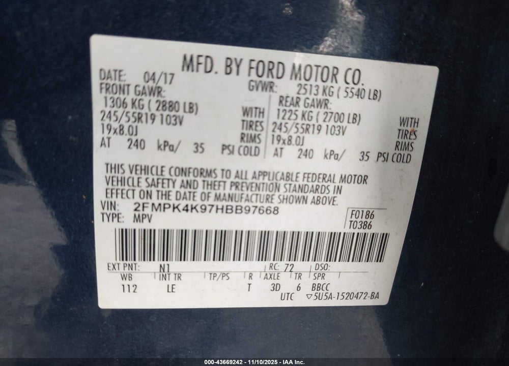 2017 FORD EDGE TITANIUM VIN: 2FMPK4K97HBB97668