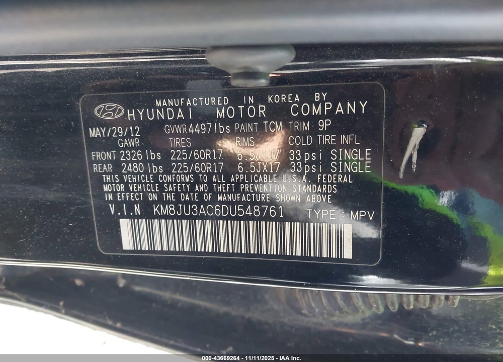 2013 HYUNDAI TUCSON GLS VIN: KM8JU3AC6DU548761