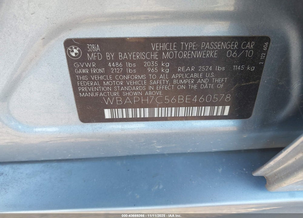 2011 BMW 328I VIN: WBAPH7C56BE460578