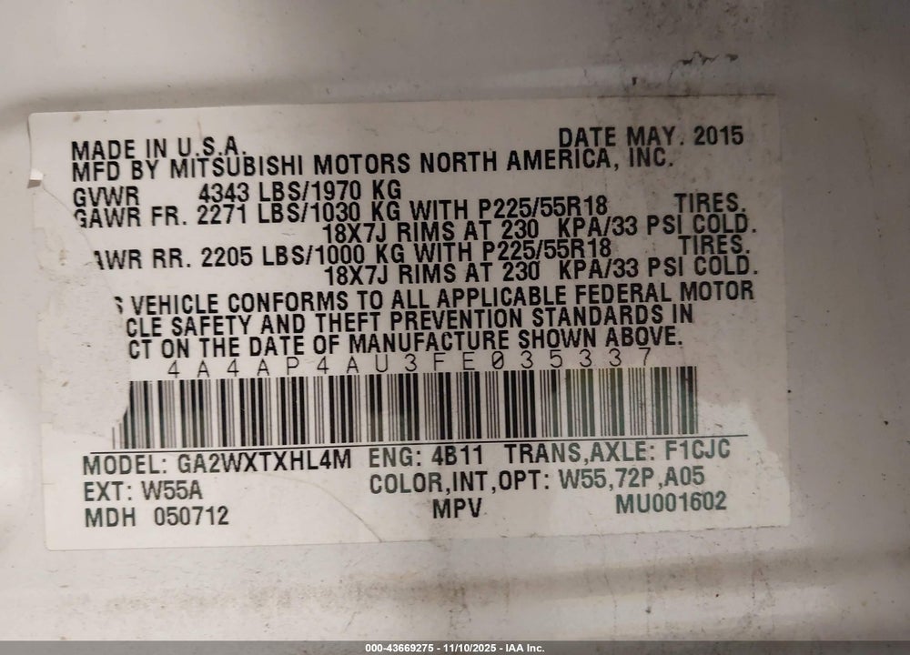 2015 MITSUBISHI OUTLANDER SPORT SE VIN: 4A4AP4AU3FE035337