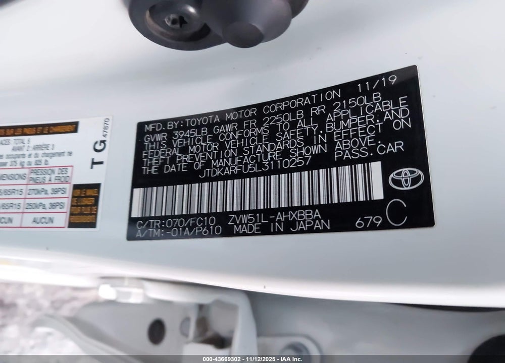 2020 TOYOTA PRIUS L ECO VIN: JTDKARFU5L3110257
