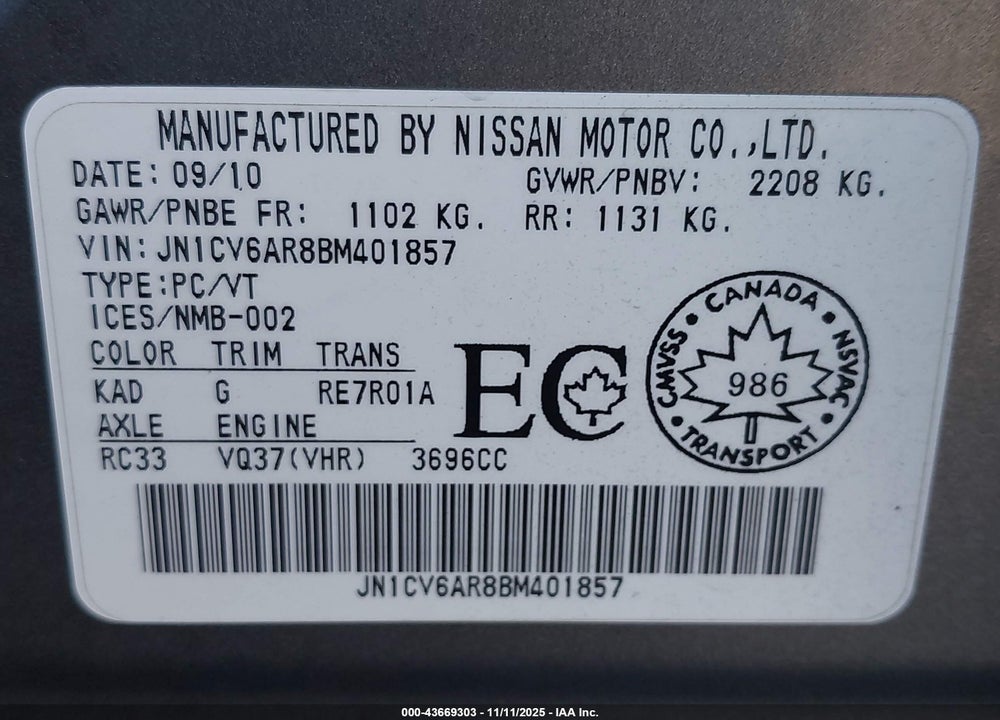 2011 INFINITI G37X VIN: JN1CV6AR8BM401857