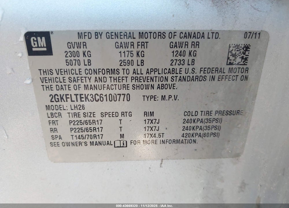2012 GMC TERRAIN SLE-2 VIN: 2GKFLTEK3C6100770
