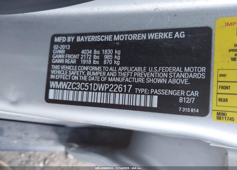 2013 MINI COUNTRYMAN VIN: WMWZC3C51DWP22617