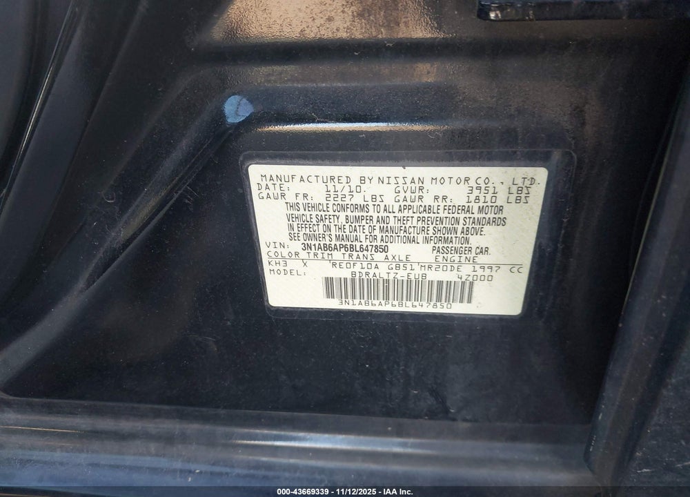2011 NISSAN SENTRA 2.0SR VIN: 3N1AB6AP6BL647850
