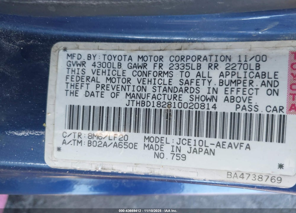 2001 LEXUS IS 300 VIN: JTHBD182810020814