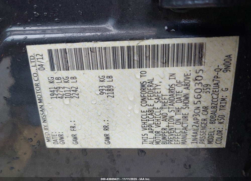 2012 NISSAN ALTIMA VIN: 1N4AL2AP3CN560305