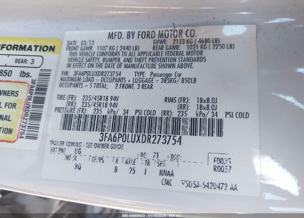 2013 FORD FUSION HYBRID SE VIN: 3FA6P0LUXDR273754