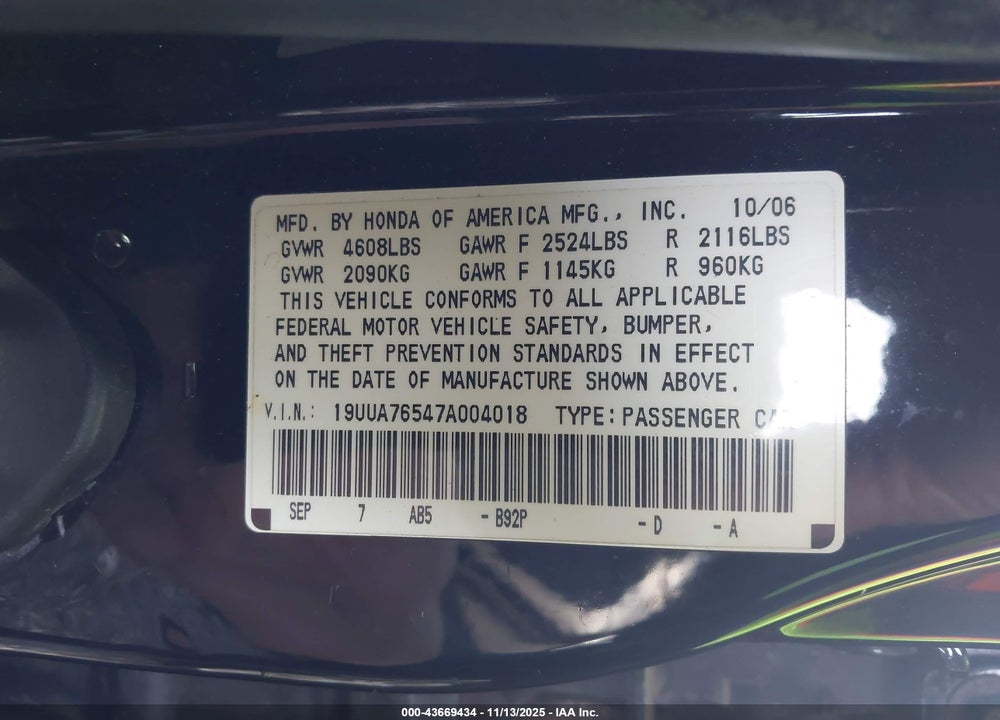 2007 ACURA TL TYPE S VIN: 19UUA76547A004018